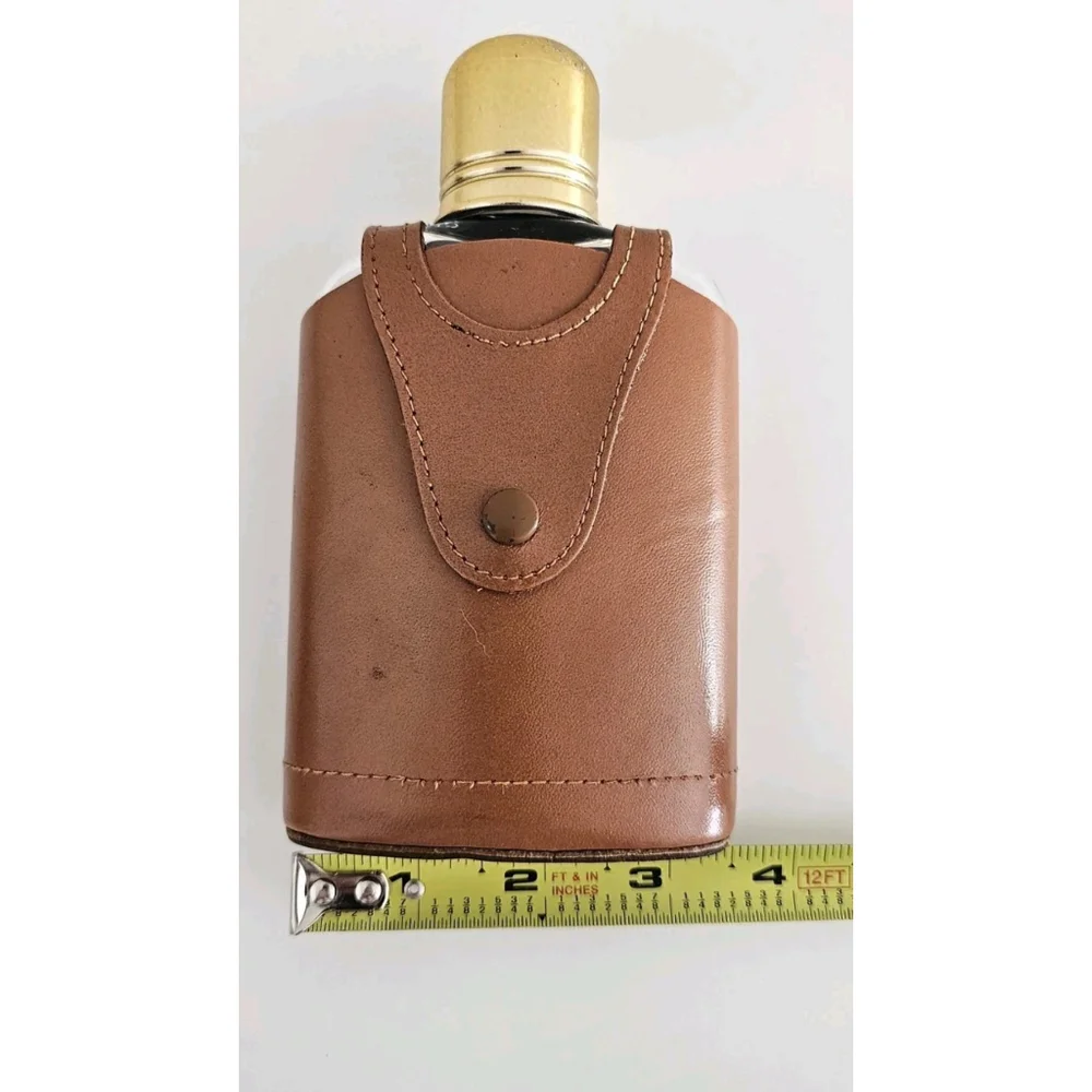 Vintage Flask With Leather Case Retro Classy Whiskey Brandy Topgrain Cowhide